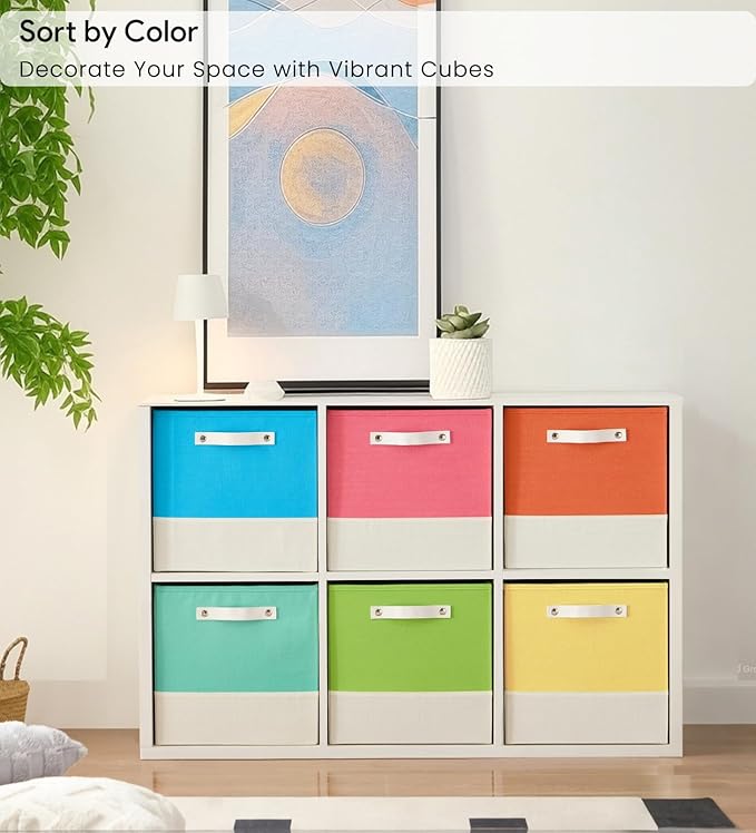 Cube Storage Bins | 11.8"x11.8"x9.8", Macaron & White, 6 Pack | Multi-Size | 2X Thick Support Board | Vegan Leather Handles | 7.7 oz/yd² Fabric | 12"x12" Drawer Insert Basket