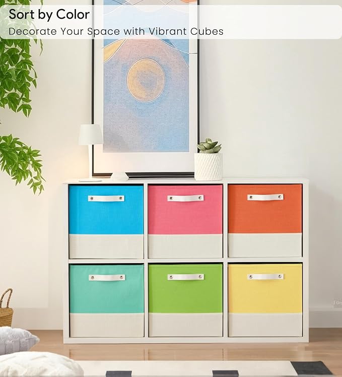 Cube Storage Bins | 13"x13"x13", Macaron & White, 6 Pack | Multi-Size | 2X Thick Support Board | Vegan Leather Handles | 7.7 oz/yd² Fabric | 13"x13" Drawer Insert Basket
