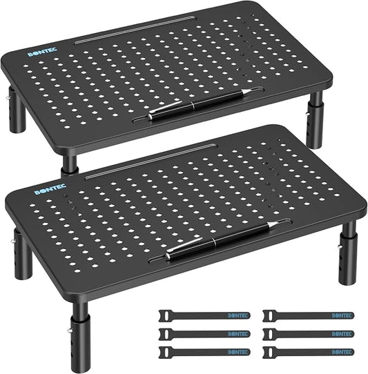 BONTEC Monitor Stand for Desk 2 Pack, 3-Level Height Adjustable Metal Monitor Riser, 14.5 x 9.1 in Ergonomic Computer Stand with Pen Holder & Cable Management for Printer, Laptop, Office Workstation