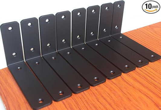 10 Pack - L 6" x H 4" x W1.5, 5mm Thick Black L Shelf Bracket, Iron Shelf Brackets, Metal Shelf Brackets, Floating Shelf, Shelf Supports with Screws