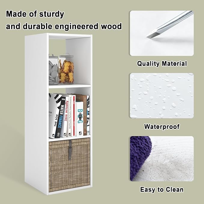 3 Cube Shelf with Anti-Tipping Kits + Reversible Open Back Bookcase, Multi Layer and Multi Grid Partition Layout (White 11in)