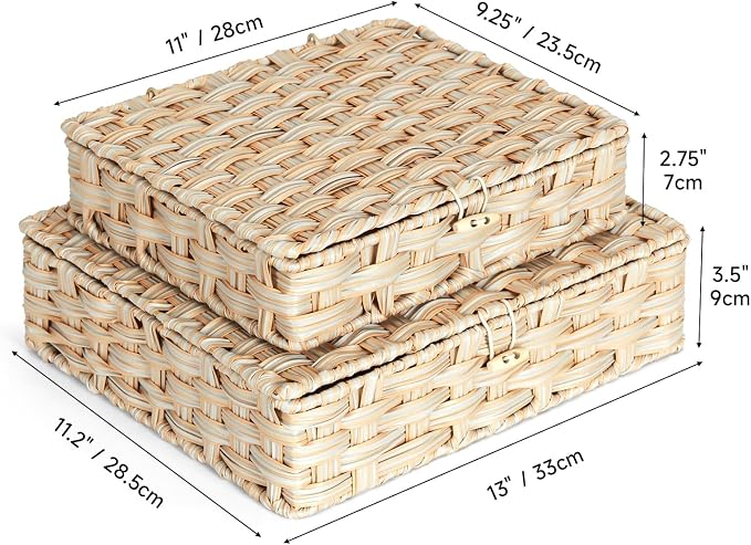 Plastic Wicker Storage Baskets with Lids, 2-Pack Woven Rattan Organizer Bins with Locking Button, Decorative Flat Storage Boxes, 11"x9.25"x2.75" & 13"x11.2"x3.5", Beige