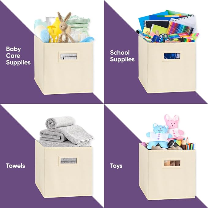 Superio Fabric Storage Basket for Shelves, Cube Bin for Cubby, 10.75 x 10.75 Foldable Open Storage Bin, Decorative Bin Organizer with Handle, Ivory