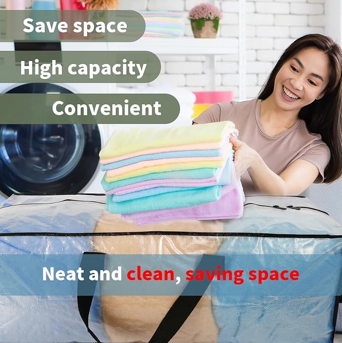 Heavy Duty Clear Moving Bags with Strong Zipper & Comfortable Handles | 4 Pack Extra Large Storage Bags Totes Moving Boxes Packing Supplies for College Dorm Room Essentials Compatible with IKEA