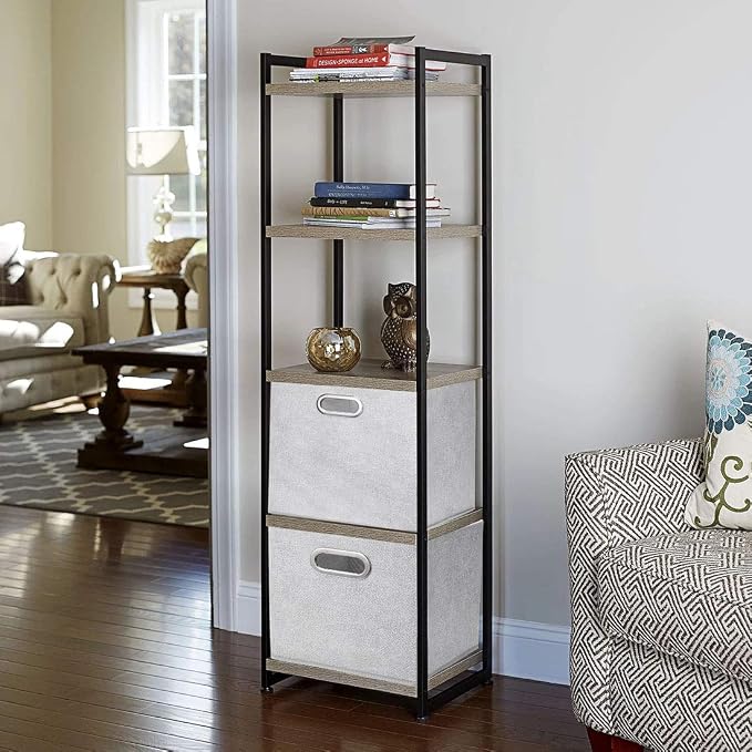 Cloth Storage Bins Set of 4 Thick Fabric Drawers Foldable Cubes Basket Organizer Container with Dual Metal Handles for Shelf Cabinet Bookcase Boxes Grey-White 13x13x13 inch
