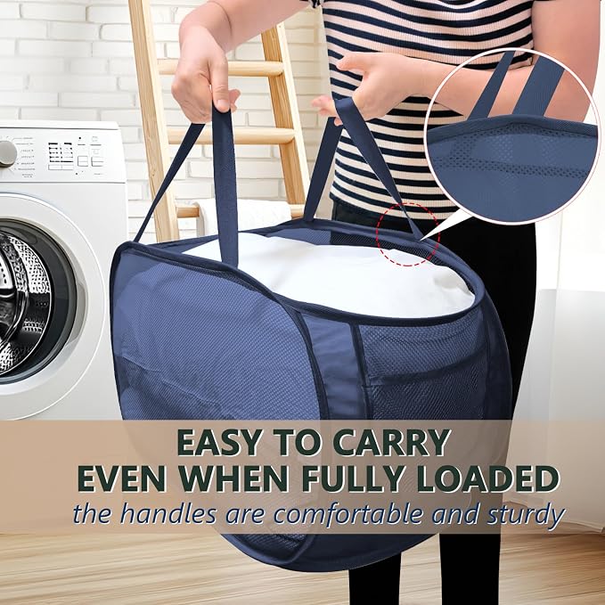 Pop Up Laundry Hamper,Collapsible Horizontal Baskets with Handles & Side Pocket,Foldable Sturdy mesh for Laundry Room,Bathroom,Kids Room,College Dorm or Travel (Navy)