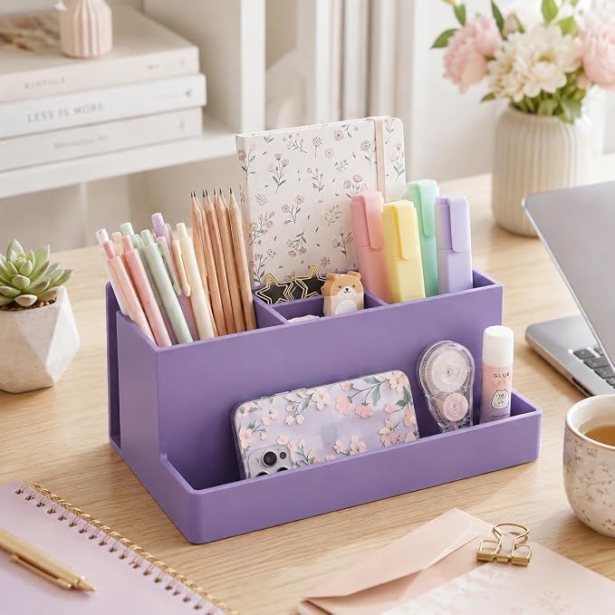 Acrimet Desktop Organizer - Multi Organizer Caddy Holder for Office, Home and School use (Plastic) (Solid Purple Color)