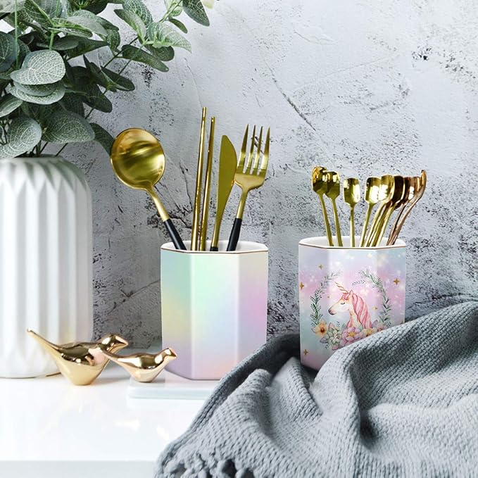 Pen Holder for Desk, Pencil Cup Holder Desktop Stationery Makeup Brush Organizer for Girls Durable Ceramic Desk Organizer for Office, Classroom, Room, Colorful