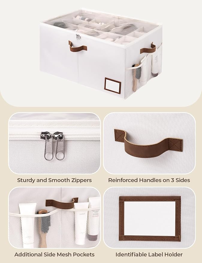 StorageWorks Shoe Organizer for Closet, Shoe Storage with Side Mesh Pocket, Shoe Cubby With Clear Cover, Storage Shoe Containers for Sneakers and Sandals, Fits up to 20 Pairs, Beige