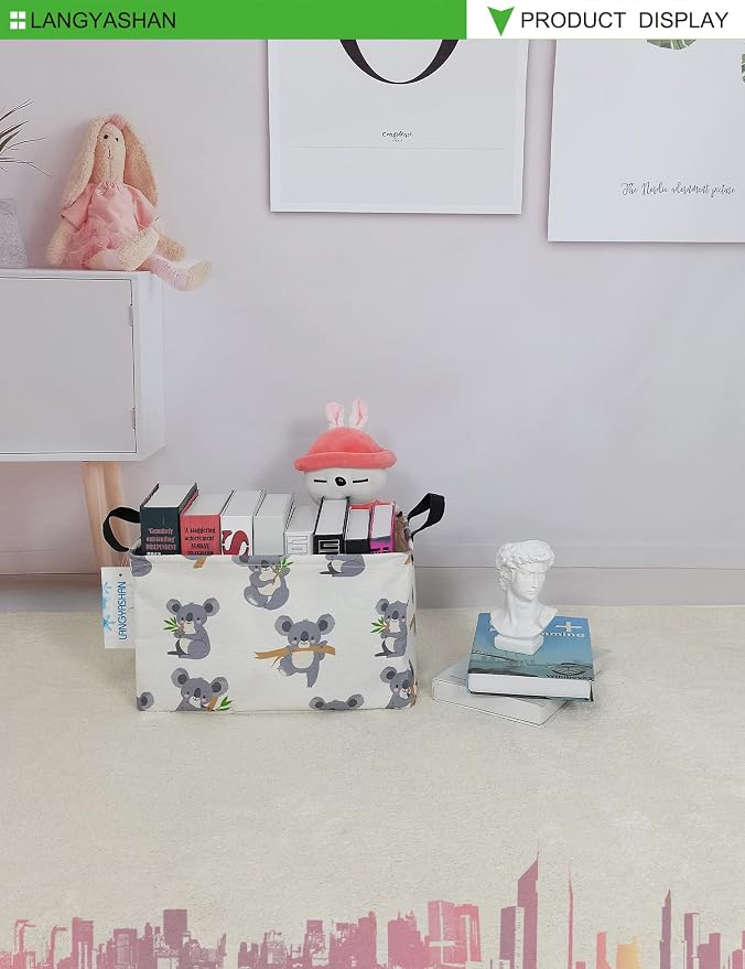 Rectangular Collapsible Gray Koala Storage Basket Nursery Toy Organizer | Storage Bin Foldable Canvas with Handles for Organizing Home Kitchen Children Toys Office Closet Shelf Baskets