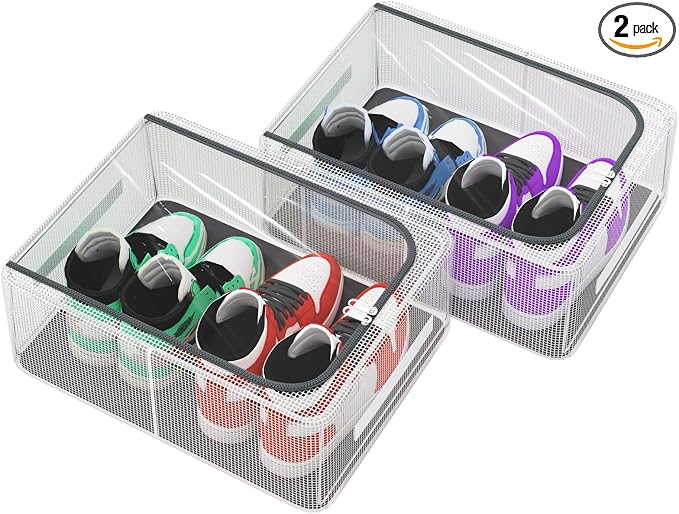 2 Pack Clear Shoe Storage Box for Boot Sneaker, 15.8" x 11.8" x 6" | Stackable Closet Storage Container with Lids, Metal Frame, Waterproof PVC Cloth, for Under-Bed, Bedroom Dormitory