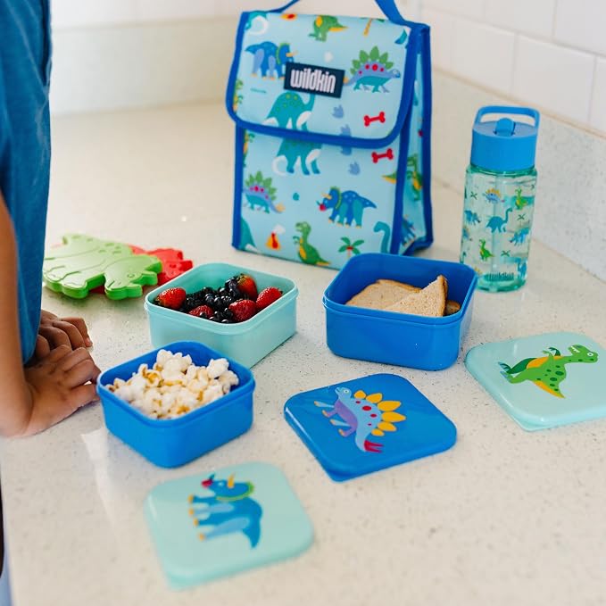 Wildkin Set of 3 Kids Nesting Food Containers for Boys – Stackable, Airtight & BPA-Free Snack Containers, Dishwasher Safe Lunch Box Containers for School & Travel, Ages 3–12 – Dinosaur Land