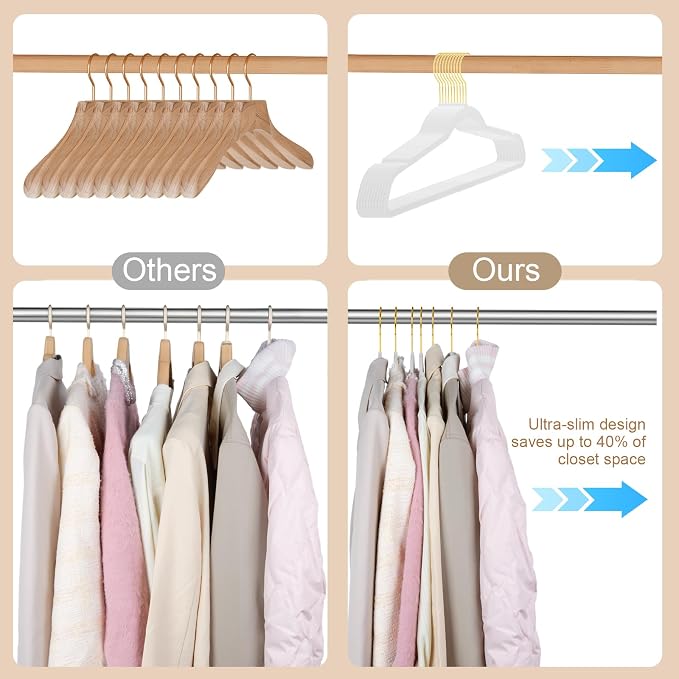 TIMMY 36-Pack Velvet Hangers with Gold Hooks - Space-Saving Non-Slip Heavy-Duty Clothes Hangers for Coats, Suits, Dresses, and Sweaters - Slim Design(White+Gold) (White+Gold, 17inch-36pack)