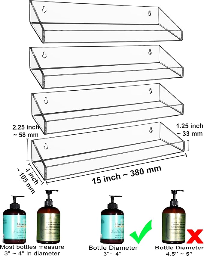 AMT 4 Pack Acrylic Floating Shelves, 15" L x 4" W, Clear Bathroom Wall Shelf, Bookshelves, Invisible Display for Office, Bedroom, Small Gap Allows Water to Escape, Free Screws & Drill Bit