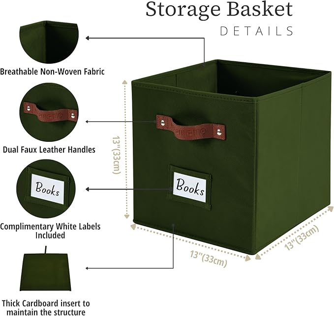 DECOMOMO Storage Bins, Cube Storage Bin with Labels | 13" x 13" x 13" Fabric Storage Cubes for Shelves (6pcs, Olive Green)
