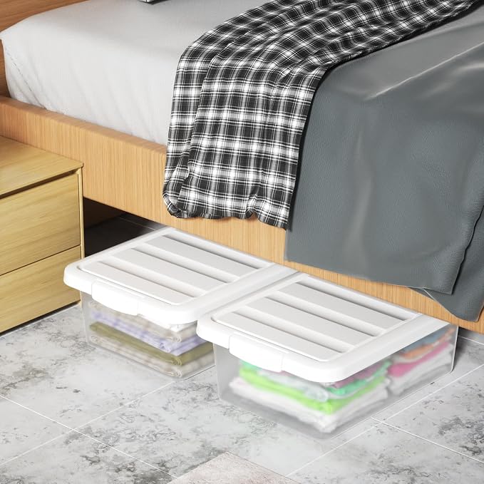 14 Quart Plastic Stackable Storage Box, Clear Latching Bin with White Lid, 2 Pack