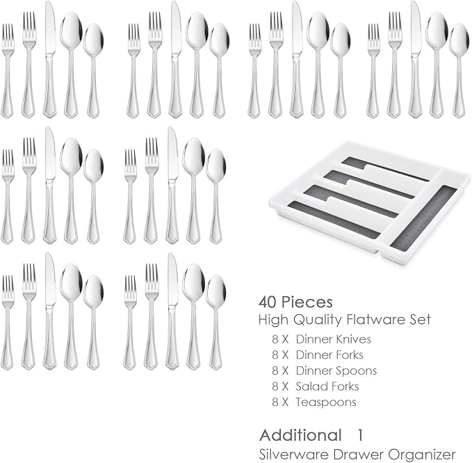 HaWare 40-Piece Silverware Set with Drawer Organizer Tray, Stainless Steel Flatware Cutlery Utensils, Timeless and Elegant Design for Home Hotel Wedding, Mirror Polished and Dishwasher Safe