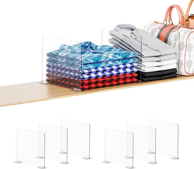 Yieach 6 Pack Acrylic Shelf Dividers for Closet Organization - Suitable for All Cupboard,Wood Shelves -Clear Closet Dividers for T Shirt,Towel,Bag,Purse Dividers,Handbag Organizer,Sweater Organizer