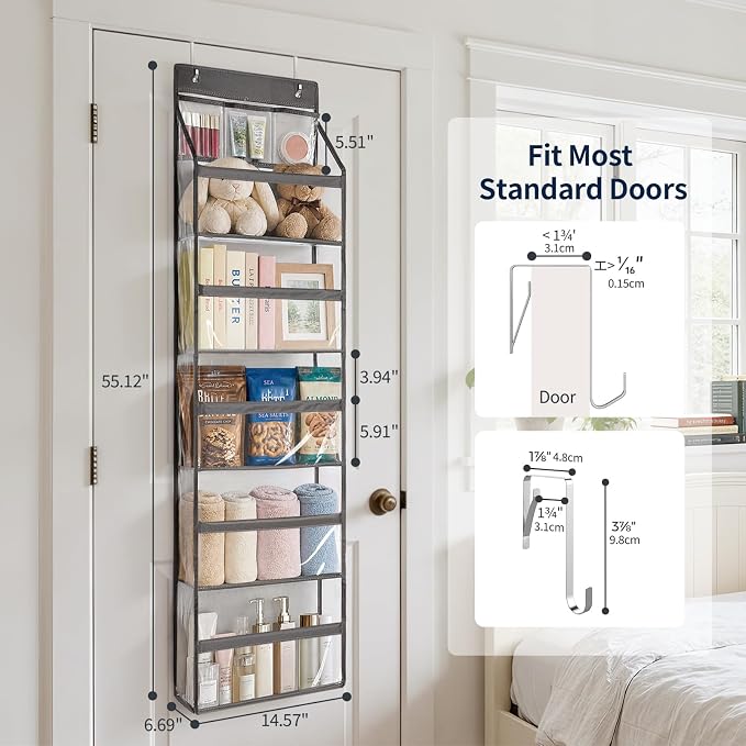 Yecaye 6 Tier Clear Over the Door Organizer, 5 Large PVC Pockets Door Hanger Organizer, 44lbs Capacity Closet Storage for Clothes Stuffed Animals and Cosmetics, Bathroom Bedroom Nursery Dorm RV, Grey