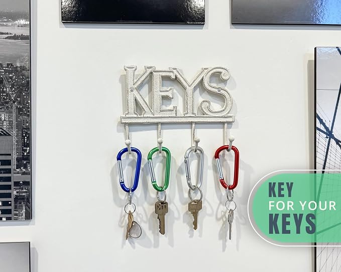 Comfify White Cast Iron Key Holder for Wall – Keys Sign with 4 Hooks | Clean white antique finish; mounting hardware included; entryway, hallway or door; 6"H x 8"L; holds 8 keychains