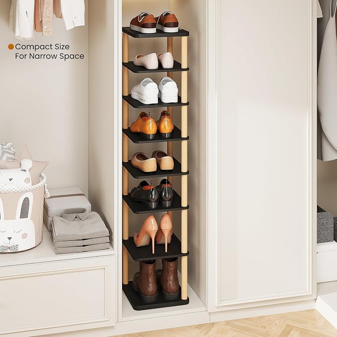 LUCKNOCK Vertical Shoe Rack, 8-Tier Tall Narrow Shoe Organizer for Entryway, Closet, Dorm & Small Spaces, Freestanding Wooden Shoe Shelf Tower for Boots, Sneakers, Heels. (Black)