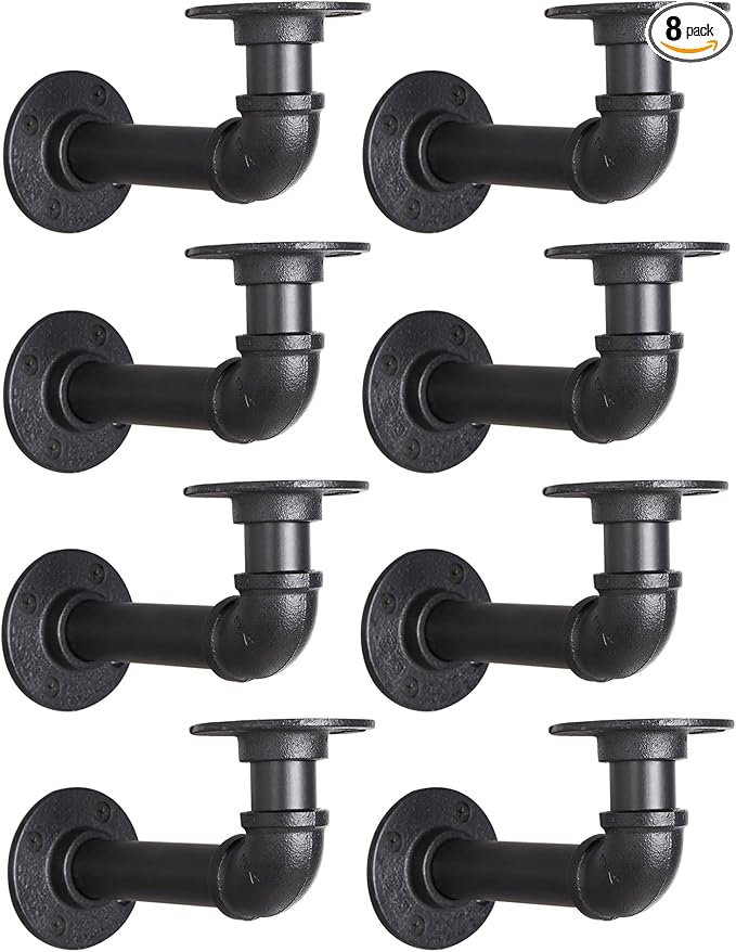 Industrial L Pipe Shelf Brackets for 7-14 in Depth Wood,Heavy-Duty 3/4" Iron,Wall Mount Floating Shelf Bracket L Metal Pipe Shelving Brackets for Wood-Black DIY Pipe Shelves(6.7*3.1 Inch 8 Pack)