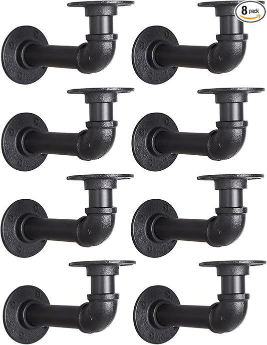 Industrial L Pipe Shelf Brackets for 7-14 in Depth Wood,Heavy-Duty 3/4" Iron,Wall Mount Floating Shelf Bracket L Metal Pipe Shelving Brackets for Wood-Black DIY Pipe Shelves(6.7*3.1 Inch 8 Pack)