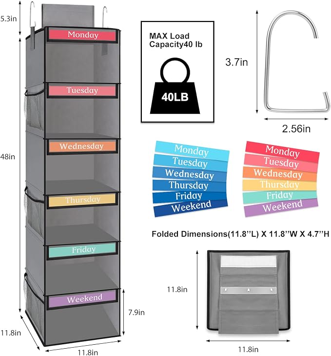Fixwal Weekly Kids Clothes Organizer 6-Shelf Hanging Closet Storage Grey