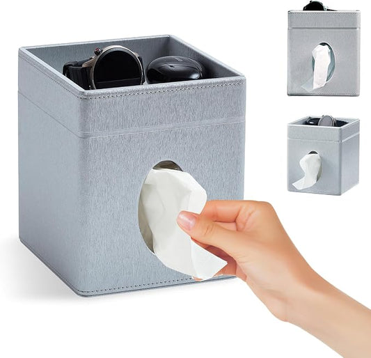 Square Tissue Box Cover Holder with Tray for Kleenex/Puffs Cubes | Gift-Ready for Entryways/Vanities | Stardust Black/Polar Ice/Liquid Iridium | Patented Metal-Look PU Leather-Liquid iridium
