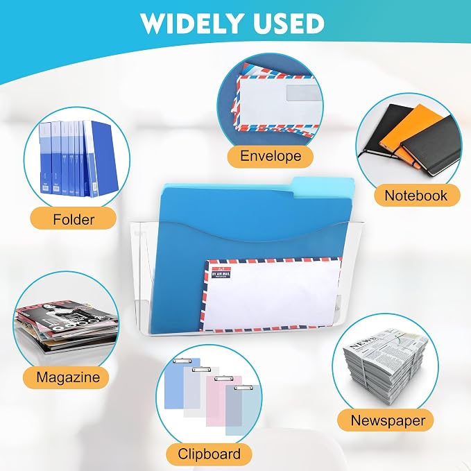 EASEPRES 3 Pack Clear Single Pocket Hanging File Organizer, Plastic Wall Mount Paper Mails Magazines Holder, Mounted Folder Bins for Office School and Home, 13.85x3.14x6.88 inches