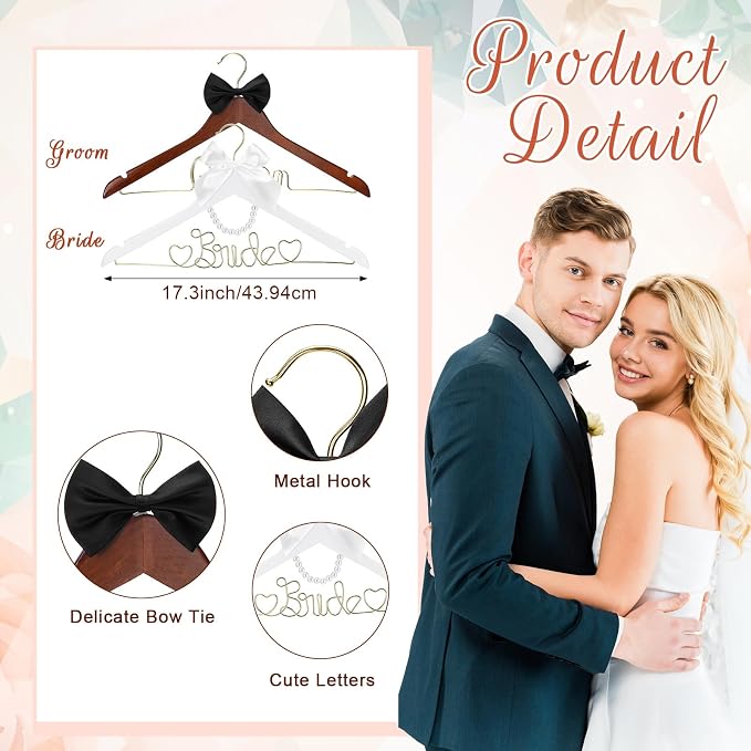 Beeveer 2 Pcs Bride Hanger for Wedding Dress Bride and Groom Wooden Wedding Dress Hanger Set with Bow Tie for Tuxedo Suit Gift Bridal Party Shower