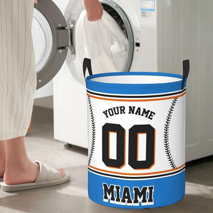 Custom Miami Laundry Hamper Personalized Laundry Basket Customized Name And Number Collapsible Storage Basket for Bedroom Bathroom Living Room Baseball Fan Gifts