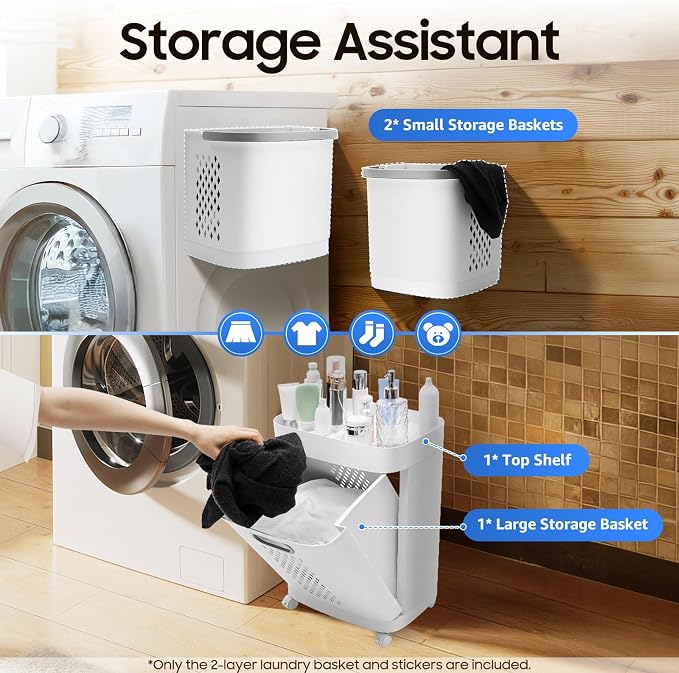 2 Tier Rolling Laundry Hamper Sorter Removable Clothes Hamper Organizer with Wheels White Portable Storage Baskets for Bedroom Laundry Room Bathroom
