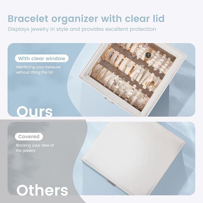 Lolalet Bracelet Display Holder with Rods for Bangles Watches, Clear Lid Jewelry Organizer Box Storage Case for Women Girls -White, 3 Rolls