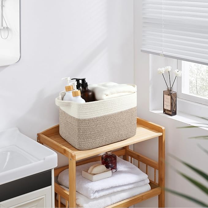 OIASKET Storage Baskets for Organizing, Woven Baskets for Shelves, Rectangle Decorative Organizer for Storage Clothes, Toy, Books, Towels Nursery Bins 3 Pack (Brown & White, 13"x9.85"x8.7")
