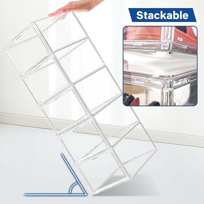 1 Pack Drop Front Shoe Boxes Acrylic Box Sneaker Case Size 12, Transparent Display Cases for Sneaker Collections, Baseball Caps, Hat Organizer Dust-free Shoe Cubbies Stackable Sneaker Boxes