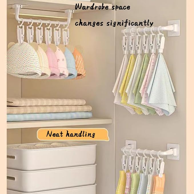 Kid Pants Hanger Organizer with 10 Clips - White & Plastic | Baseball Cap Display Holder, Closet Rail Wall Mounted Door Rack for Drying Baby Socks, Towel, Hats, Toddler Leggings