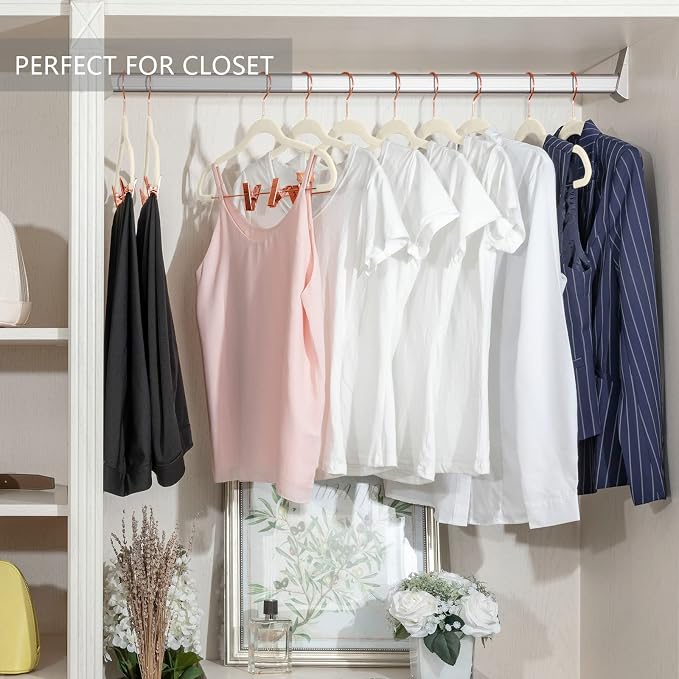 MIZGI Premium Velvet Pants Hangers with Clips (Pack of 20) - Slim Skirt Hangers - Non Slip Felt - Ivory - Copper/Rose Gold Hooks - Space Saving Shirt Clothes Hangers