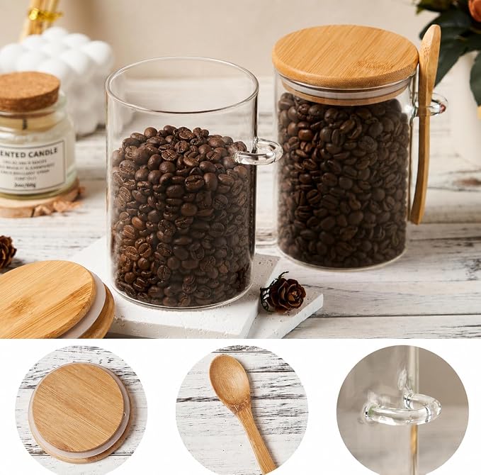 Sugar Jar Glass Salt Container,15 Ounces Clear Airtight Caning with Bamboo Lid and Spoon Scoop, Storage Overnight Oats, Salts, Coffee Bean, Spice, Creamer, Food Organizer, Pack of 1