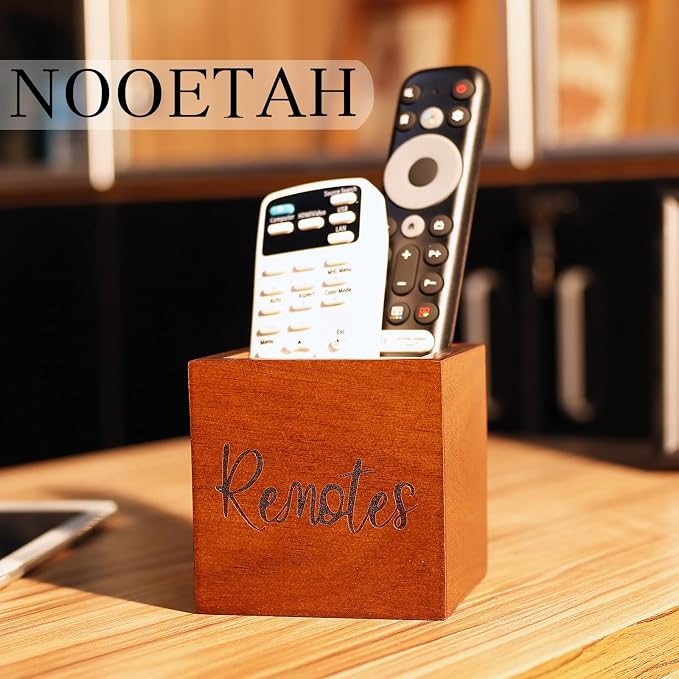 Remote Control Holder, Wooden TV Remote Holder for Table, Remote Organizer Caddy for Home Decor, Remote Box for Nightstand, Brown Labeled Remote, 1 Slot - 3.5 Inch