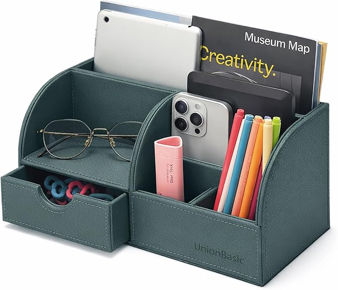 UnionBasic Desk Organizer - Multifunctional Leather Desktop Pen Holder Storage Box - Business Card/Pen/Pencil/Mobile Phone/Stationery Holder, Dark Ivy