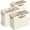 Varhomax Shoe Organizer Box for Closet, Small Fabric Shoe Storage Bin with Adjustable Dividers & Clear Cover, Saving Space Sneakers & Sandals Containers for Entryway, Cubbyt, Beige 3 Pack