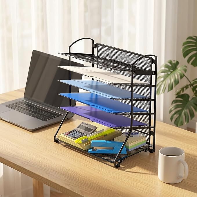 Simple Houseware 6-Tier Sliding File Organizer, Desk Letter Tray for Document and Mail Sorting, Black