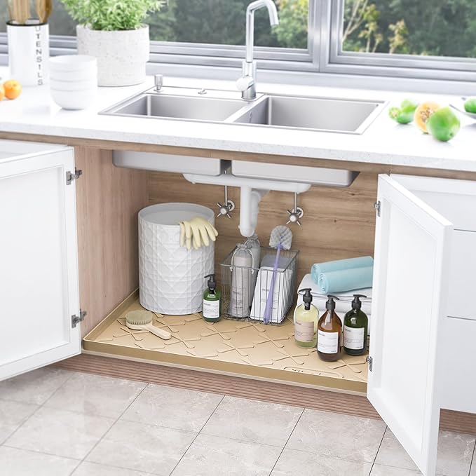 SIKADEER Silicone Under Sink Mats for Kitchen Waterproof 34" x 22", Raised Edge Cabinet Protector Shelf Liner, Bathroom Organizers and Storage Boot Tray Pet Mat