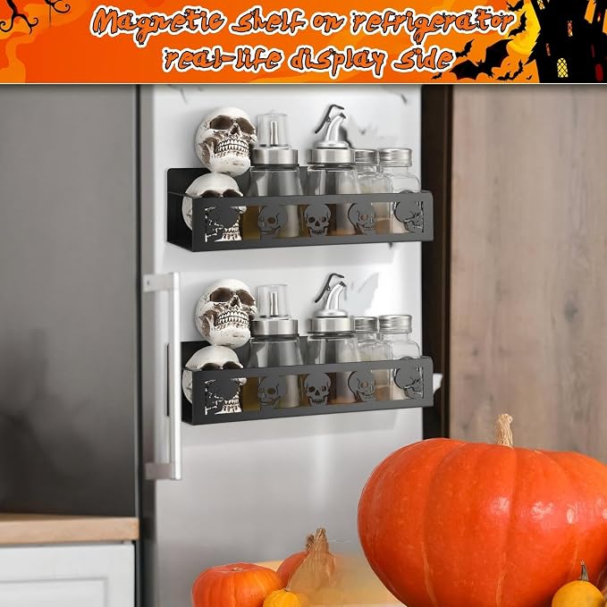 Beeveer 2 Pack Skull Head Magnetic Spice Rack for Refrigerator Metal Magnet Basket Shelf for Fridge Seasoning Storage Organizers Home Decor Kitchen Accessories (Black)