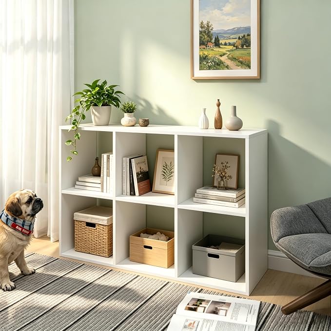 6 Cube Shelf Bookcase, White, 11in | Anti-Tipping Kits, Reversible Open Back, Multi Layer Multi Grid Partition Layout