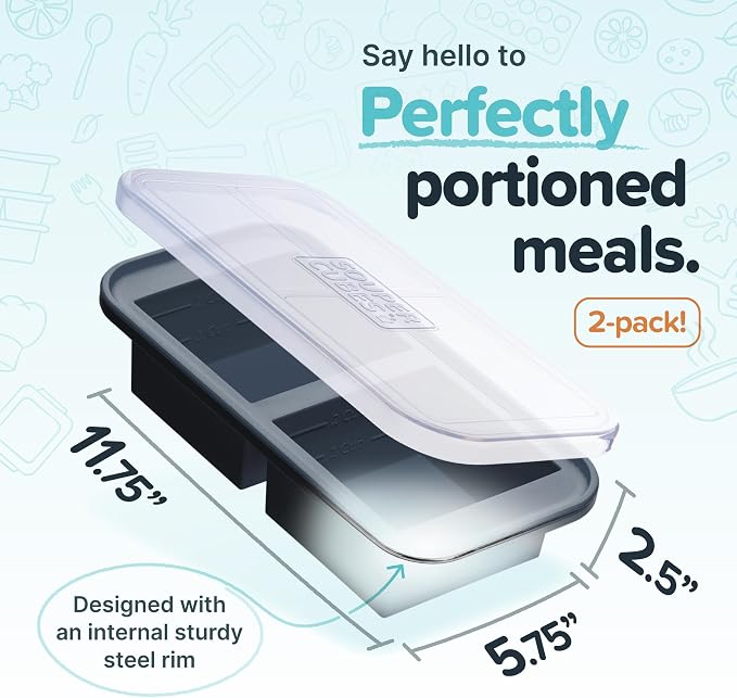 Souper Cubes 2 Cup Silicone Freezer Molds, Charcoal, 2-Pack | 100% Platinum-Cured Silicone Freezer Cubes, Oven and Microwave Safe, Perfect for Freezing Lasagna, Casseroles and More