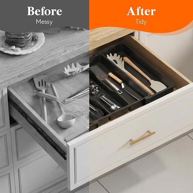 Lifewit Utensil Organizer, Expandable Kitchen Drawer Tray, Adjustable Cutlery and Cooking Utensil Holder, Black