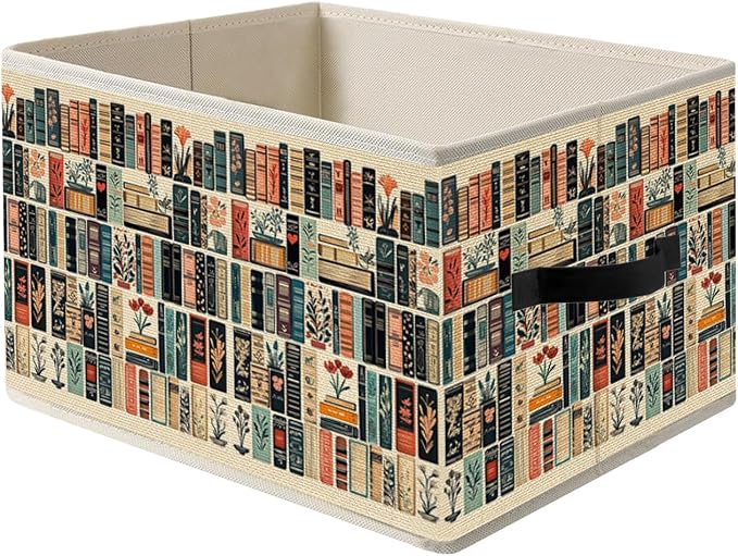 Vintage Book Lovers Storage Bin Box with Handles, Retro Bookish Foldable Organizer Basket Toybox for Reading Corner Room Library Bedroom Bathroom Home Clothes Toys Books