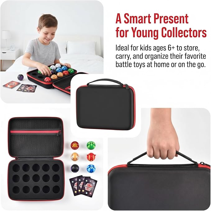 Comecase Hard Carrying Case Compatible with Bakugan Figures, Storage Organizer Box with 15 Foam Slots and Mesh Pocket for 60+ Cards, Travel Holder for Kids Toys (Case Only)- Black